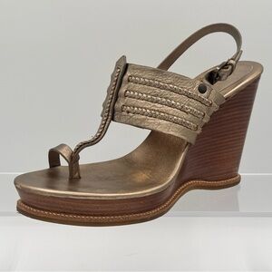 KORS Michael Kors Gunmetal Wedge Sandals with Intricate Straps